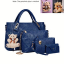 Fashion Embossed 4Pcs Women Handbag Set PU Tote Shoulder Bag Wallet Purse With Bear Pendant Daily Bags