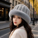 Vertical Texture Striped Fur Hat Fleece Lining Windproof Plush Trapper Hats Thermal Insulation Faux Fur Brim Puffy Bucket Cap