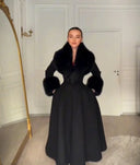 Women Long Wool Blend Faux Collar Overcoat Fur Trim Cuffs A Line Flared Maxi Hem Single Breasted Coat Elegant Ladies Outerwear