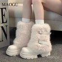 Fashion Cool Brown Fur Round Toe Ankle Boots Versatile Belt Buckle Design Stylish Winter Short Boots Bottes Femmes Size 35-40