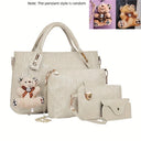 Fashion Embossed 4Pcs Women Handbag Set PU Tote Shoulder Bag Wallet Purse With Bear Pendant Daily Bags